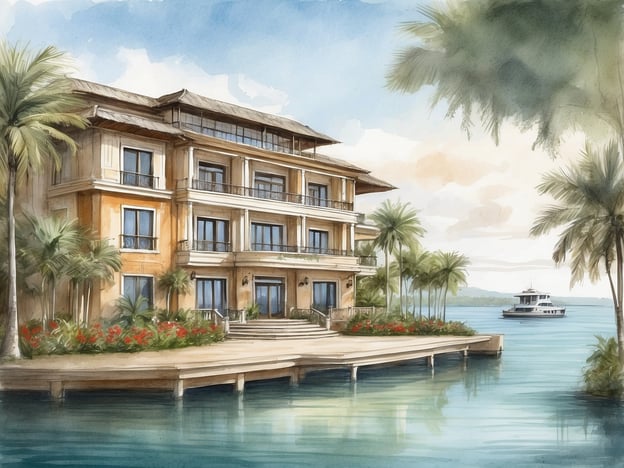 Auf dem Bild ist eine künstlerische Darstellung eines Hotelgebäudes, das an einem Gewässer steht und von Palmen sowie blühenden Pflanzen umgeben ist. Im Hintergrund sieht man ein Boot auf dem Wasser.Das Eastern Mangroves Hotel ist ein luxuriöses Hotel in Abu Dhabi, das eine atemberaubende Aussicht auf die Mangroven bietet. Es kombiniert modernen Komfort mit traditionellen Einflüssen und bietet eine Vielzahl von Annehmlichkeiten, darunter Restaurants, Pools und Wellnessangebote. Die Lage am Wasser ermöglicht Gästen Aktivitäten wie Kajakfahren und Bootsfahrten, und das Hotel ist bekannt für seine entspannende Atmosphäre und erstklassigen Service.