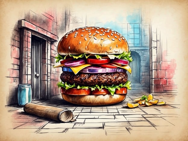 Auf dem Bild ist ein überdimensionierter Hamburger zu sehen, der vor einer historischen Kulisse platziert ist, die an die düstere Atmosphäre des Hamburger Dungeon erinnert. In der Geschichte des Hamburger Dungeon dreht sich alles um die dunkle Vergangenheit Hamburgs, einschließlich seiner Sünden, Strafen und Folterpraktiken.Der Hamburger könnte als humorvolle Anspielung auf die beliebte Hamburger-Kultur der Stadt verstanden werden, im Kontrast zu den ernsten und grausamen Themen, die im Dungeon behandelt werden. Die Farben und der Stil der Zeichnung verleihen dem Bild eine lebendige, aber zugleich nostalgische Stimmung, die das historische Erbe Hamburgs widerspiegelt. In diesem Sinne zeigt das Bild, wie moderne Elemente mit der reichen Geschichte der Stadt verbunden werden können.