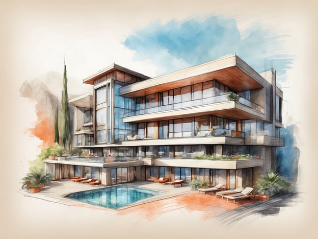Auf dem Bild ist ein modern gestaltetes Mehrfamilienhaus oder eine Villa zu sehen. Die Architektur ist elegant und zeitgemäß, mit großen Fensterflächen, die viel natürliches Licht hineinlassen.Zu den Unterkünften gehören mehrere Balkone, die schöne Ausblicke bieten, sowie eine große Terrasse mit Zugang zu einem Swimmingpool. Die Umgebung ist mit Pflanzen und Bäumen begrünt, was zur entspannenden Atmosphäre beiträgt.Zu den Annehmlichkeiten zählen die gemütlichen Liegen am Pool, die den Bewohnern die Möglichkeit bieten, sich im Freien zu entspannen. Zusätzlich vermittelt die Architektur ein Gefühl von Offenheit und Luxus, was auf hochwertige Wohnqualität hinweist.