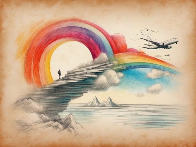 Auf dem Bild ist eine fantasievolle Landschaft mit einem Regenbogen zu sehen, der sich über einem steilen Felsen ausbreitet. Eine Person steht am Rand des Felsens und blickt auf das weite Meer, während ein Flugzeug am Himmel vorbeifliegt. Die bunten Farben des Regenbogens verleihen dem Szenario eine lebendige und hoffnungsvolle Stimmung, während die Wolken und Berge im Hintergrund eine friedliche Atmosphäre schaffen.Abschließend lässt sich sagen, dass das Bild eine Mischung aus Abenteuer und Träumen darstellt, möglicherweise symbolisch für die Suche nach neuen Horizonten und Möglichkeiten. Es inspiriert dazu, den eigenen Weg zu gehen und neue Ziele zu verfolgen. Auf Wiedersehen!