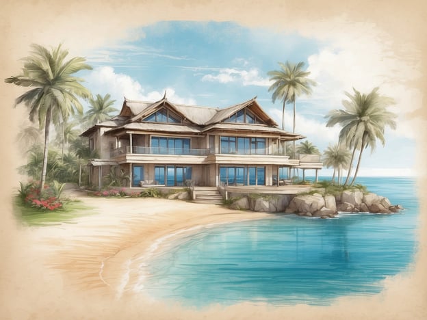 Auf dem Bild ist eine malerische Villa zu sehen, die an einem Strand liegt, umgeben von Palmen und klarem Wasser. Diese Art von Architektur erinnert an luxuriöse Residenzen, wie sie im Dubai The Palm Resort zu finden sind.Das Dubai The Palm Resort ist bekannt für seine beeindruckende Lage auf der Palm Jumeirah, einer künstlichen Insel in Form einer Palme. Es bietet erstklassige Unterkünfte, exquisite Restaurants und zahlreiche Freizeitmöglichkeiten, darunter Strände, Pools und Wassersportaktivitäten. Die exklusive Atmosphäre und der atemberaubende Blick auf das Meer machen es zu einem beliebten Ziel für Reisende, die Luxus und Entspannung suchen.