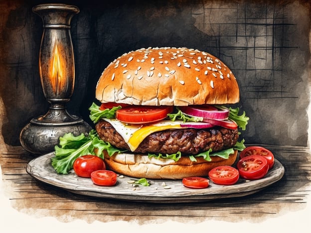 Auf dem Bild ist ein üppiger Hamburger zu sehen, der verführerisch auf einem alten Holzbrett angerichtet ist. Diese scheinbar harmlose Speise könnte jedoch von einer düsteren Legende umgeben sein. Man erzählt sich von einem geheimen Rezept, das von einem gespenstischen Koch entwickelt wurde, der in der Nacht die Zutaten aus den finstersten Ecken der Stadt zusammengetragen hat.Einmal soll er in einem vergessenen Wirtshaus ein Festmahl zubereitet haben, bei dem die Gäste nie wieder gesehen wurden. Es heißt, dass der Geschmack so betörend war, dass man die Seele des Kostenden auf ewig an das Wirtshaus band. Der Hamburger auf dem Bild könnte der Legende nach das letzte Mahl eines solchen Unglücklichen sein, der in der Dunkelheit gefangen bleibt, während der appetitliche Duft seine ergreifenden Geheimnisse umhüllt.Vorsicht, wenn du in der Nacht einem solchen Burger begegnest! Vielleicht ist es besser, ihn aus sicherer Entfernung zu bewundern.