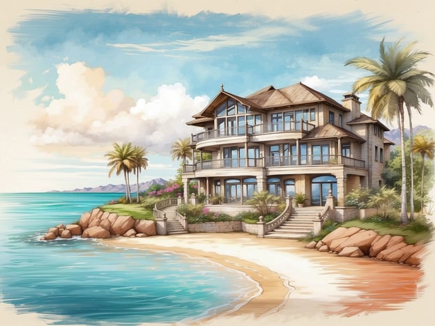 Auf dem Bild ist ein wunderschönes Strandhaus zu sehen, das direkt am Wasser liegt. Es scheint eine großzügige Unterkunft zu sein, die mehrere Stockwerke hat und große Fenster bietet, die einen herrlichen Blick auf das Meer ermöglichen. Die Umgebung ist sehr einladend, mit Palmen und bunten Blumen.Für die Übernachtung könnten verschiedene Zimmeroptionen angeboten werden, wie:1. **Luxus-Suiten** mit Balkon und Meerblick.2. **Familienzimmer** mit mehreren Betten und Platz für Kinder.3. **Romantische Doppelzimmer** ideal für Paare, mit Blick auf den Sonnenuntergang.4. **Penthouse-Zimmer** mit exklusivem Zugang und privater Terrasse.Diese Unterkunft wäre perfekt für einen entspannten Urlaub am Strand.