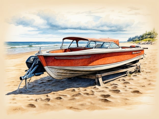 Ein rot gestrichenes Boot steht auf einem Sandstrand. Das Boot hat eine offene Kabine mit einer schwarzen Motorisierung im Heck. Die Umgebung zeigt das Meer mit sanften Wellen und einen bewölkten Himmel im Hintergrund. Der Sand ist hell und die Textur ist gut sichtbar. Es gibt einige Grashalme im Sand zu sehen, was eine natürliche Atmosphäre schafft.