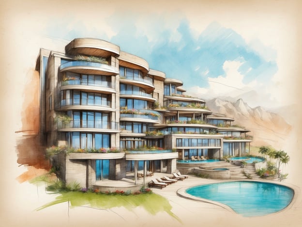 Das Bild zeigt eine stilisierte Zeichnung eines modernen Gebäudes, das Ähnlichkeiten mit einem Hotel hat. Es präsentiert mehrere Etagen mit großen Fenstern und Terrassen, die vermutlich Zimmer und Suiten eines Anantara Hotels darstellen.Vor dem Gebäude sind Pools und Liegen angeordnet, ergänzt durch üppige Pflanzen und eine attraktive Landschaftsgestaltung, die zu einem luxuriösen Ambiente beiträgt. Dieses Design könnte auf die Annehmlichkeiten und den Erholungsfaktor hinweisen, den die Gäste in den Suiten und Zimmern genießen würden.