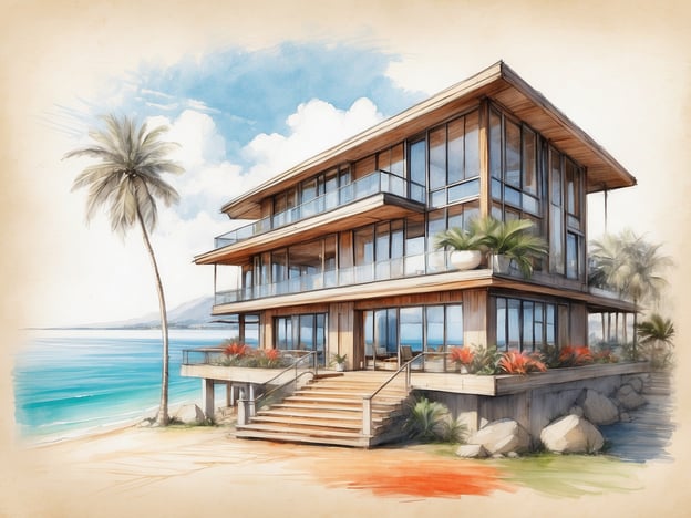 Auf dem Bild ist ein modernes, architektonisch ansprechendes Gebäude zu sehen, das sich in einer malerischen Strandlandschaft befindet. Es hat große Fenster und Balkone, die eine spektakuläre Aussicht auf das Wasser bieten. Umgeben von Palmen und bunten Pflanzen vermittelt die Szene ein Gefühl von Luxus und Entspannung.Im Zusammenhang mit den Anantara Hotels & Resorts in Mina Al Arab könnte man sagen, dass dieses Gebäude eine ähnliche Atmosphäre der Eleganz und des Komforts ausstrahlt, die Gäste erwarten, wenn sie in ein solches Resort einchecken. Es könnte der ideale Ort für eine entspannende Auszeit am Meer sein.