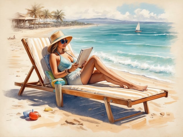 Auf dem Bild sieht man eine entspannte Person, die am Strand von Ras Al Khaimah in Mina Al Arab auf einer Liege sitzt und ein Buch oder Tablet liest. In dieser schönen Küstenregion kann man die Sonne genießen und die ruhige Atmosphäre am Strand erleben.Beliebte Aktivitäten in Mina Al Arab sind das Sonnenbaden, Wassersportarten wie Kajakfahren oder Jetski fahren, sowie Spaziergänge am Strand. Die nahegelegenen Restaurants bieten köstliche lokale und internationale Küche, die man nach einem Tag am Strand genießen kann. Auch Bootsfahrten oder Erkundungstouren in der Umgebung sind tolle Erlebnisse.