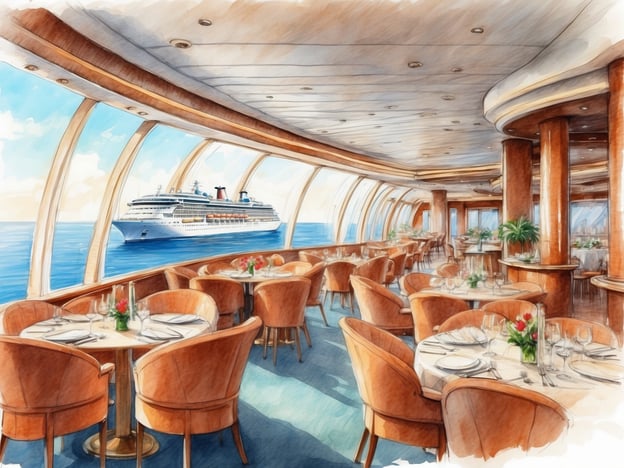 Auf dem Bild ist ein elegantes Restaurant an Bord eines Kreuzfahrtschiffs zu sehen. Die großen Fenster bieten einen herrlichen Blick auf das Meer und ein weiteres Schiff, das im Hintergrund fährt. Die Einrichtung wirkt einladend und luxuriös mit stilvollen Tischen, Stühlen und Blumendekorationen. Das Erlebnis an Bord vermittelt ein Gefühl von Ruhe und Genuss, während man feine Speisen mit Blick auf den Ozean genießen kann.
