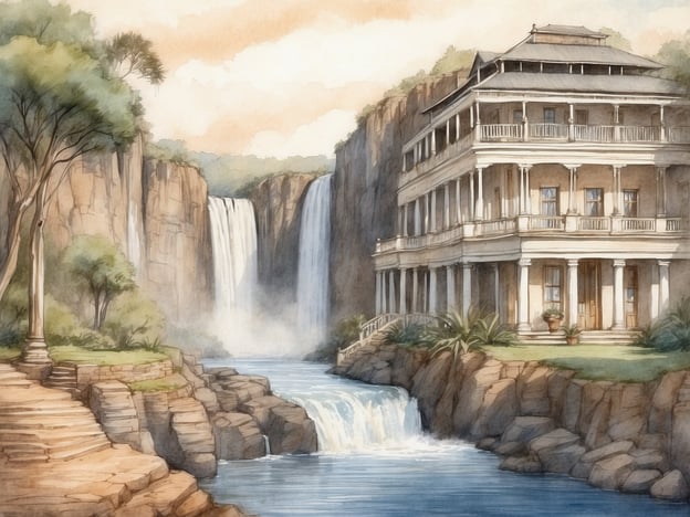Auf dem Bild ist eine malerische Darstellung eines historischen Gebäudes, das stark an das Royal Livingstone Hotel in Sambia erinnert. Dieses Hotel liegt in der Nähe der Victoriafälle und bietet seinen Gästen einen atemberaubenden Blick auf die majestätischen Naturwunder der Umgebung.Das Royal Livingstone Hotel wurde 1999 eröffnet und ist nach dem berühmten Entdecker David Livingstone benannt, der als erster Europäer die Victoriafälle sichtete. Das Gebäude im Bild könnte die elegante Architektur und die entspannende Atmosphären des Hotels repräsentieren, das von kolonialem Stil inspiriert ist.Der Wasserfall im Hintergrund erinnert an die beeindruckenden Victoriafälle, die ein wichtiger Anziehungspunkt für Touristen sind. Die Kombination von luxuriösem Ambiente und der Nähe zur Natur macht das Royal Livingstone Hotel zu einem einzigartigen Reiseziel in Afrika.