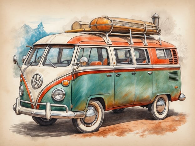 Auf dem Bild ist ein klassischer Volkswagen Bus zu sehen, der oft mit Reisen und Abenteuern in Verbindung gebracht wird. Die farbenfrohe Lackierung in Grün und Orange sowie das Dachgepäckträger, der möglicherweise für Surfbretter oder Campingausrüstung genutzt wird, deuten darauf hin, dass er für Outdoor-Aktivitäten gedacht ist.Dieser Bus könnte in einer malerischen Umgebung geparkt sein, die sich ideal für Erkundungen eignet, wie beispielsweise nahe einem Strand oder in den Bergen. Aktivitäten wie Camping, Surfen oder einfach nur das Erkunden der Natur sind mit diesem Fahrzeug eng verbunden. Es vermittelt ein Gefühl von Freiheit und Abenteuerlust!