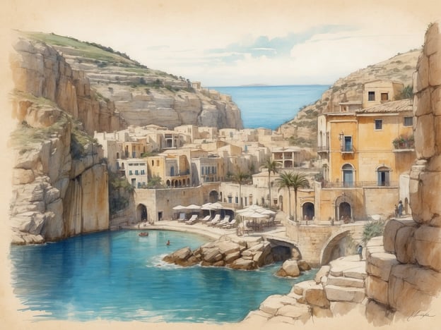 Auf dem Bild ist eine malerische Küstenlandschaft zu sehen, die von steilen Klippen umgeben ist. Im Vordergrund befindet sich eine ruhige, türkisfarbene Bucht mit einigen Booten. Die Architektur zeigt eine harmonische Mischung aus historischen Gebäuden in warmen, erdigen Farbtönen, die entlang der Küste angeordnet sind. Der Bereich ist von Palmen gesäumt, was eine entspannte Urlaubsatmosphäre vermittelt.**Besondere Ziele:**- Die Bucht bietet einen idealen Ort zum Schwimmen und Bootfahren.- Die Umgebung ist reich an kulturellen Sehenswürdigkeiten, die man zu Fuß erkunden kann.**Routen:**- Anreise über die Küstenstraße, die atemberaubende Ausblicke auf das Meer ermöglicht.- Wanderwege entlang der Klippen führen zu verschiedenen Aussichtspunkten, die spektakuläre Panoramablicke bieten.