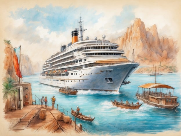 Auf dem Bild ist ein großes Kreuzfahrtschiff zu sehen, das in einer malerischen Bucht anlegt. An Bord des Schiffes könnten die Passagiere verschiedene Aktivitäten genießen, wie zum Beispiel Schwimmen in einem Pool, Entspannen auf dem Sonnendeck oder das Besuchen von Restaurants und Bars.An Land sind einige Menschen zu sehen, die am Hafen stehen und das Schiff beobachten. Diese könnten darauf warten, an Land zu gehen, um die lokale Umgebung zu erkunden, Souvenirs zu kaufen oder an einem Landausflug teilzunehmen, wie etwa eine Bootsfahrt oder eine Besichtigung der umliegenden Landschaft und Sehenswürdigkeiten. Die Stimmung wirkt entspannt und einladend, ideal für Urlauber, die Abenteuer und Erholung suchen.