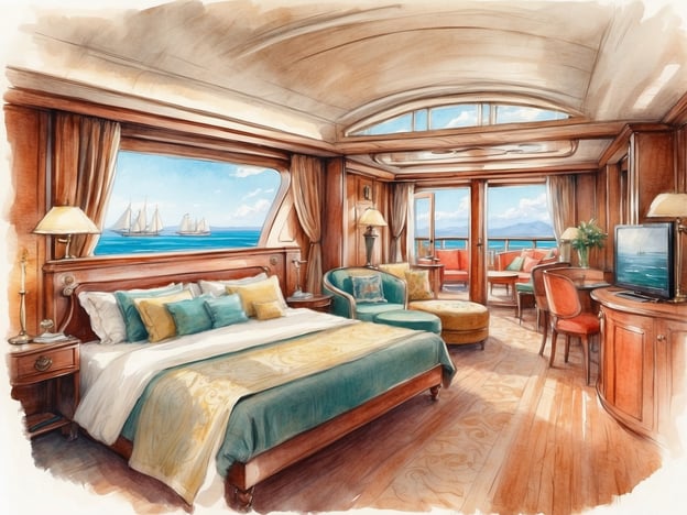 Auf dem Bild sieht man eine elegante Kabine auf einem Kreuzfahrtschiff, die durch große Fenster viel Tageslicht und einen herrlichen Blick auf das Wasser bietet. In einer solchen Umgebung könnte man wundervolle Erlebnisse auf einer Donau-Kreuzfahrt genießen.Stellen Sie sich vor, wie Sie nach einem feinen Frühstück auf der Kabine auf den Balkon treten und die sanfte Brise und die beruhigenden Wellen genießen. Während das Schiff sanft durch die Landschaft gleitet, können Sie auch die malerischen Ufer der Donau beobachten, mit ihren historischen Städten und beeindruckenden Burgen.Am Abend würde sich der Blick durch die Fenster verändern, wenn die Sonne untergeht und die Lichter der Städte entlang des Ufers zu funkeln beginnen. Es wäre der perfekte Moment, um sich nach einem aufregenden Tag zurückzulehnen, ein Glas Wein zu genießen und die Ruhe auf dem Wasser zu spüren. Das alles trägt zu einem unvergesslichen Erlebnis an Bord eines Donau-Kreuzfahrtschiffs bei.