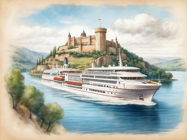Auf dem Bild ist ein Kreuzfahrtschiff zu sehen, das auf einem Gewässer fährt, möglicherweise der Donau. Im Hintergrund erhebt sich eine beeindruckende Burg oder Festung, die an vielen Stellen entlang der Donau zu finden sind.Beliebte Sehenswürdigkeiten entlang der Donau sind die Wachau mit ihren malerischen Weinbergen und der berühmten Benedictinerabtei Melk. Auch die Stadt Dürnstein, bekannt für ihre Ruine und die schöne Altstadt, zieht viele Besucher an. In Budapest, der Hauptstadt Ungarns, gibt es zahlreiche beeindruckende Bauwerke wie das Parlamentsgebäude und die Fischerbastei, die entlang des Flusses liegen.Eine Donaukreuzfahrt bietet die Möglichkeit, all diese traumhaften Landschaften und historischen Orte zu erkunden und die Schönheit der Region zu genießen.