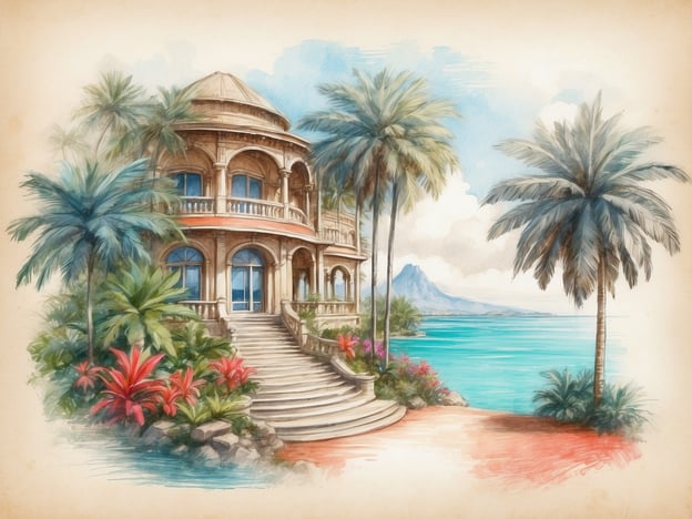 Auf dem Bild ist eine malerische tropische Landschaft zu sehen, die von üppigen Palmen und bunten Pflanzen geprägt ist. Im Vordergrund steht ein elegantes, architektonisch ansprechendes Gebäude, das sicherlich ein beliebtes Ziel für Reisende ist. Der Blick auf das ruhige Wasser des Indischen Ozeans und die sanften Wellen vermitteln ein Gefühl von Frieden und Abenteuer.In der faszinierenden Welt der Indischen Ozean Kreuzfahrten könnte solch eine Szenerie ein idealer Halt sein, um die Schönheit der Natur zu genießen und die entspannte Atmosphäre der tropischen Destinationen zu erleben. Die Kombination aus Sonne, Meer und exotischer Flora macht diese Region zu einem Traumziel für Kreuzfahrtliebhaber.
