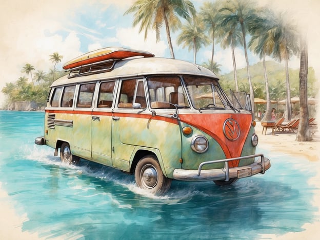 Auf dem Bild ist ein nostalgischer VW-Bus zu sehen, der durch türkisfarbenes Wasser gleitet, umgeben von Palmen und einem schönen Strand.Eine Kreuzfahrt im Indischen Ozean bietet viele spannende Aktivitäten und Highlights:1. **Schnorcheln und Tauchen**: Entdecke die farbenfrohe Unterwasserwelt der Korallenriffe.2. **Landausflüge**: Besuche exotische Inseln wie Mauritius oder Malediven und erkunde ihre Kultur und Schönheiten.3. **Strandtage**: Entspanne an traumhaften Stränden und genieße die Sonne.4. **Wassersport**: Probier Aktivitäten wie Kajakfahren, Wellenreiten oder Parasailing aus.5. **Kochkurse**: Lerne die Geheimnisse der lokalen Küche kennen und koche traditionelle Gerichte.6. **Wellness und Spa**: Gönn dir eine entspannende Massage oder Wellnessbehandlung an Bord oder an Land.Diese Erlebnisse machen eine Kreuzfahrt im Indischen Ozean unvergesslich!