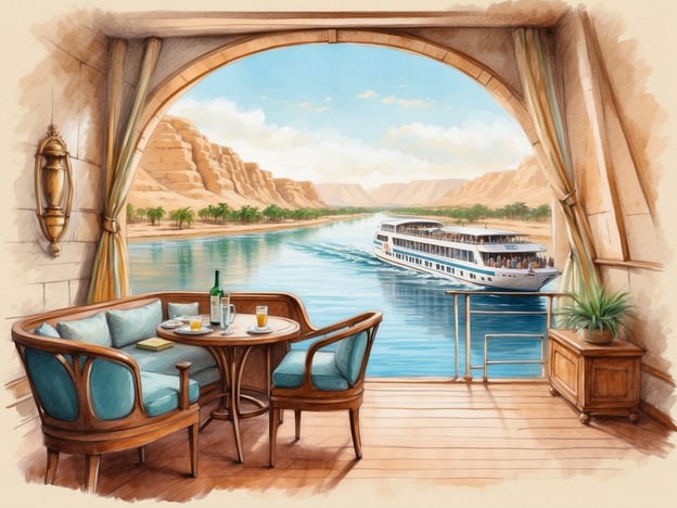 Auf dem Bild ist eine Aussicht von einem Balkon oder einer Terrasse zu sehen, die auf den Nil blickt. Im Vordergrund stehen gemütliche Sitzmöbel und ein kleiner Tisch mit Getränken, während ein Kreuzfahrtschiff gemächlich auf dem Wasser fährt, umgeben von einer malerischen Landschaft mit Bergen und Palmen.Hier sind einige praktische Tipps für deine Nilkreuzfahrt:1. **Reisezeit**: Die beste Zeit für eine Nilkreuzfahrt ist von Oktober bis April, wenn das Wetter angenehm ist.2. **Kleidung**: Leichte, atmungsaktive Kleidung ist ideal. Abends kann es kühl werden, also nimm einen Pullover oder eine Jacke mit.3. **Sonnenschutz**: Sonnencreme, eine Sonnenbrille und ein Hut sind wichtig, um dich vor der starken Sonne zu schützen.4. **Ausflüge planen**: Informiere dich im Voraus über die angebotenen Landausflüge. Einige Sehenswürdigkeiten erfordern eventuell Voranmeldungen.5. **Wasser trinken**: Achte darauf, genügend Wasser zu trinken, um hydratisiert zu bleiben, besonders bei den Ausflügen.6. **Kameras**: Vergiss nicht deine Kamera oder Smartphone, um die beeindruckenden Landschaften und historischen Stätten festzuhalten!7. **Kulturelle Sensibilität**: Informiere dich über die Kultur und Bräuche Ägyptens, um respektvoll aufzutreten, besonders an religiösen Stätten.Viel Spaß bei deiner Kreuzfahrt!