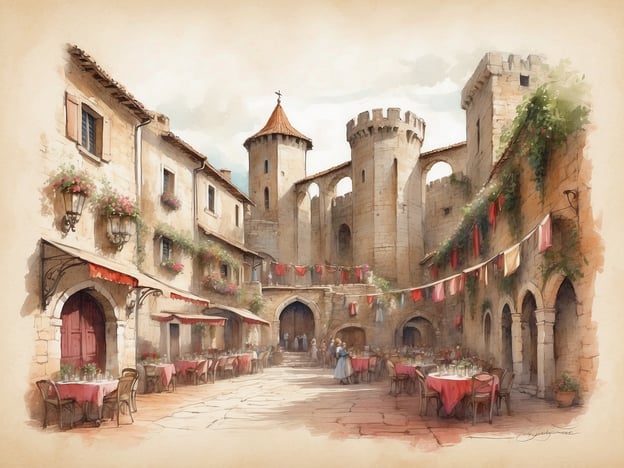 Auf dem Bild ist eine malerische Mittelalter-Szene zu sehen, die an einen charmanten Innenhof erinnert, möglicherweise in einer historischen Stadt. Die Architektur mit Türmen und Rundbogenfenstern sowie die blumengeschmückten Fassaden verleihen dem Ort eine romantische Atmosphäre.Entlang der Mosel finden sich zahlreiche kulturelle Highlights, die ähnliche Szenen bieten. Zum Beispiel:1. **Cochem**: Diese Stadt ist bekannt für ihre beeindruckende Burg, die Reichsburg Cochem, die hoch über der Stadt thront und eine spektakuläre Aussicht auf die Mosel bietet.2. **Bernkastel-Kues**: Hier gibt es wunderschöne Altstadtgassen mit gut erhaltenen Fachwerkhäusern und einem lebhaften Marktplatz, der von historischen Gebäuden gesäumt ist.3. **Trier**: Als älteste Stadt Deutschlands hat Trier zahlreiche römische Überreste, darunter die Porta Nigra, die zur UNESCO-Weltkulturerbe gehört.4. **Beilstein**: Oft als das „Dornröschen der Mosel“ bezeichnet, bietet Beilstein eine idyllische Kulisse mit engen Gassen und historischen Gebäuden.Diese Orte sind perfekt für einen kulturellen Ausflug, um die Schönheit der Moselregion und ihrer Geschichte zu entdecken.