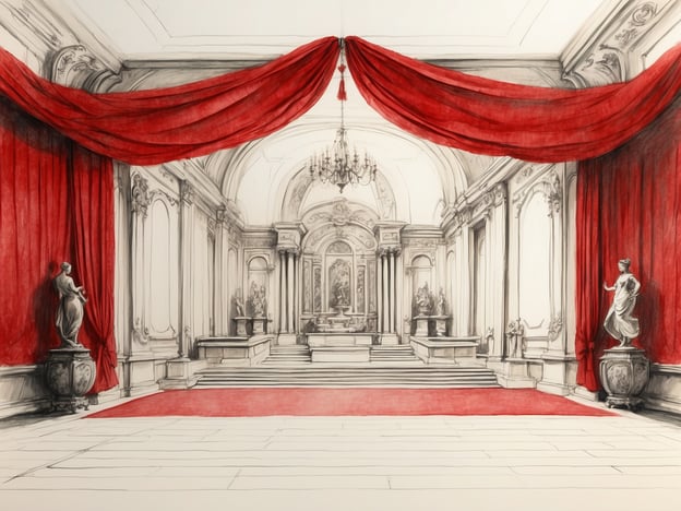 Das Bild zeigt eine kunstvolle Skizze eines prunkvollen Raumes mit roten Vorhängen und einer stilvollen Innenarchitektur. Der Raum wirkt wie ein Ausstellungsort für Kunst oder kulturelle Ereignisse.Aktuelle und zukünftige Ausstellungen könnten hier beispielsweise große Werke klassischer Kunst oder temporäre Sammlungen bedeutender Künstler präsentieren. Denkbar wären auch Ausstellungen, die sich mit historischen Themen oder architektonischen Innovationen befassen, vielleicht sogar interaktive Erlebnisse, die die Zuschauer in die Kunstwelt eintauchen lassen. Diese Szenerie könnte großartige Möglichkeiten bieten, um die Zuschauer in eine inspirierende Atmosphäre zu führen und kulturelle Highlights zu feiern.