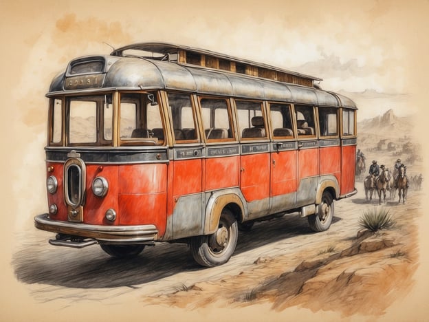 Auf dem Bild ist ein nostalgischer, rot lackierter Bus zu sehen, der in einer landschaftlichen Umgebung gezeichnet ist. Im Hintergrund sind einige Reiter, die auf Pferden unterwegs sind.Flusskreuzfahrten bieten Kulturliebhabern die Möglichkeit, verschiedene Städte, Kulturdenkmäler und regionale Besonderheiten entlang eines Flusses in einem entspannten Tempo zu erkunden. Sie ermöglichen den direkten Zugang zu historischen Stätten und regionalen Traditionen, oft begleitet von fachkundigen Informationen über die jeweiligen kulturellen Hintergründe. So wird die Reise nicht nur zu einem visuellen Erlebnis, sondern auch zu einer tiefen Auseinandersetzung mit den Kulturen, die an den Ufern der Flüsse lebendig sind.