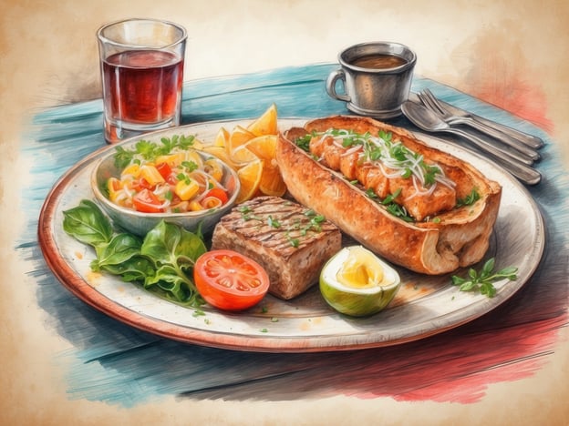 Auf dem Bild ist ein ansprechend angerichteter Teller mit einer Vielzahl von kulinarischen Erlebnissen zu sehen. Das Essen umfasst ein Stück Fleisch, das saftig aussieht, und möglicherweise ein spezialisiertes Sandwich oder einen Burger, gefüllt mit schmackhaftem Fisch oder einer anderen Proteinquelle.Zusätzlich gibt es eine bunte Beilage aus Gemüse, bestehend aus Tomaten, Mais und frischen Kräutern, die die Frische und Vielfalt der Zutaten betont. Dazu sind einige Fruchtschnitzen, wie z.B. Orangen, die für einen süßen Akzent sorgen. Ein hartgekochtes Ei rundet die Präsentation ab und sorgt für eine zusätzliche Proteinquelle.Um das Gericht zu vervollständigen, ist ein kleines Glas mit einem dunklen Getränk sowie eine Tasse Kaffee auf dem Tisch platziert. Das insgesamt schöne Arrangement könnte sowohl an Bord eines Schiffes als auch in einem gemütlichen Restaurant an Land genossen werden, was ein wunderbares kulinarisches Erlebnis verspricht.