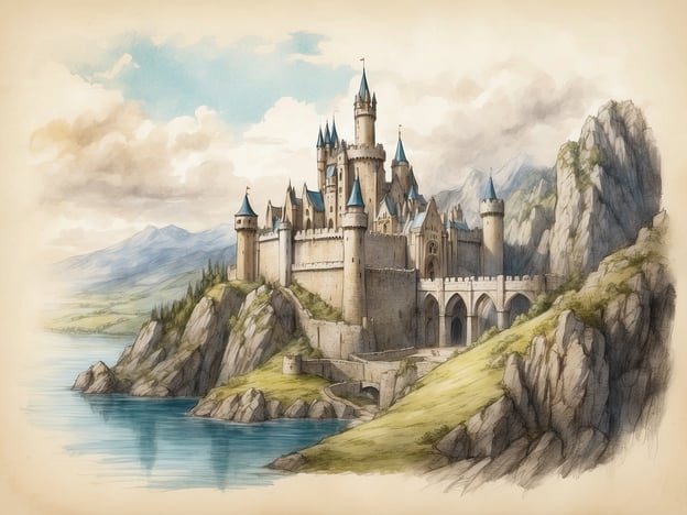 Auf dem Bild ist eine majestätische mittelalterliche Burg dargestellt, die auf einem steilen Felsen über einem Gewässer thront. Solche Burgen waren oft strategisch an Orten gebaut, die leicht zu verteidigen waren und gleichzeitig eine gute Sicht auf die Umgebung boten.Viele Burgen im Mittelalter, wie die berühmte Neuschwanstein in Deutschland, wurden als Residenzen für Könige und Adelige erbaut und sind mit faszinierenden Geschichten und Legenden verbunden. Diese Bauwerke symbolisierten Macht und Einfluss und waren oft der Schauplatz für viele historische Ereignisse, wie Belagerungen und Feiern.Die Türme und Zinnen der Burg auf dem Bild erinnern an die Architektur dieser Zeit, während die umgebende Natur und das Wasser im Vordergrund eine romantische Kulisse schaffen. Solche Ansichten sind nicht nur eine Darstellung von Stärke, sondern auch von der Verbindung zwischen Mensch und Natur im Mittelalter. Die Geschichten dieser Burgen reichen von Heldentaten und Treue bis hin zu Intrigen und Verrat, was sie zu faszinierenden Objekten der Geschichte macht.