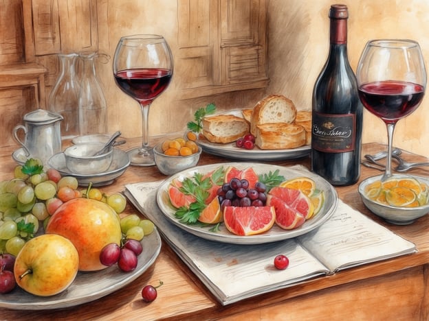 Auf dem Bild ist eine ansprechend gedeckte Tafel mit einer Vielzahl kulinarischer Highlights zu sehen. Auf einem Holztablett liegen frische Früchte wie Äpfel, Trauben und Zitrusfrüchte, die eine bunte und gesunde Ergänzung zu dem Gesamtbild darstellen. Neben den Früchten sind einige geschnittene Brote angerichtet, die sich perfekt für einen kleinen Snack eignen.Ein besonderes Augenmerk liegt auf dem Rotwein, der in einem eleganten Weinglas serviert wird, zusammen mit einer Flasche, die das Essen und die Weinverkostung ideal ergänzt. Auf einem weiteren Teller sind feine, kleinere Früchte und eine Art Dessert präsentiert, was das gastronomische Erlebnis abrundet. Diese Zusammenstellung lädt zum Genießen und Verkosten ein, ideal für eine gesellige Runde oder eine entspannte Weinprobe.