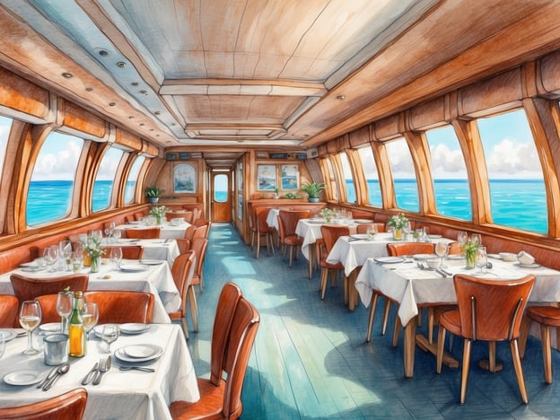 Auf dem Bild sieht man das Innere eines eleganten Restaurants an Bord eines Schiffes. Die Einrichtung strahlt eine warme, einladende Atmosphäre aus, mit Holzpaneelen und großen Fenstern, die einen Blick auf das Meer bieten. Die Tische sind sorgfältig mit weißen Tischdecken, Geschirr und Gläsern gedeckt und vermitteln ein Gefühl von gehobenem Dining.Kulinarische Genüsse an Bord könnten frische Meeresfrüchte, lokale Spezialitäten oder saisonale Gerichte umfassen, die den Passagieren eine Genussreise durch die maritime Küche bieten. Die Kombination aus der atemberaubenden Aussicht und delikaten Speisen schafft ein unvergessliches Erlebnis.In den lokalen Restaurants an Land könnten Besucher authentische regionale Gerichte probieren, die die Kultur und Traditionen der Umgebung widerspiegeln. Dies könnte von herzhaften Gerichten bis hin zu süßen Leckereien reichen, die perfekt zu einem Nachmittag am Meer passen.