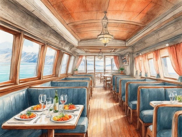Auf dem Bild ist ein einladendes Restaurant oder ein Speiseraum an Bord eines Schiffes zu sehen. Die Tische sind elegant gedeckt und bieten eine Auswahl an frischen Früchten und Getränken, was auf kulinarische Erlebnisse hinweist.In diesem besonderen Ambiente können Gäste die Aussicht auf das Wasser und die umliegende Landschaft genießen, während sie exquisite Gerichte und erfrischende Getränke verkosten. Die Kombination aus maritimem Flair und gehobener Gastronomie schafft eine unvergessliche Erfahrung sowohl an Bord als auch bei Landgängen, wo regionale Spezialitäten entdeckt werden können.