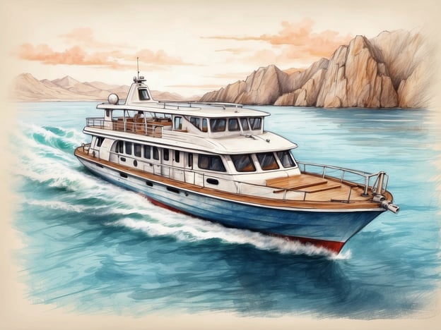 Auf dem Bild ist ein elegantes Boot zu sehen, das durch ruhiges Wasser fährt. Die Szenen rund um das Boot zeigen eine entspannte Atmosphäre mit sanften Wellen und Berglandschaften im Hintergrund. Hier kann man definitiv entspannte Bootstouren genießen.