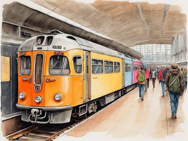 Auf dem Bild ist eine Szene in einem Bahnhof zu sehen. Im Vordergrund steht ein auffälliger, orangefarbener Zug, der an einem Bahnsteig eingetroffen ist. Um den Zug herum bewegen sich viele Passagiere, die in verschiedene Richtungen gehen. Es gibt moderne Architektur im Hintergrund, mit großen Fenstern, die viel Licht ins Innere lassen.In einer möglichen Ausstellung über Verkehrsgeschichte könnte dieser Zug als Exponat präsentiert werden, um die Bedeutung des öffentlichen Verkehrs im städtischen Leben zu verdeutlichen. Die Vielzahl der Menschen zeigt das rege Treiben eines Bahnhofs, was ein weiteres interessantes Thema für Ausstellungen über Mobilität und urbanes Erlebnis darstellen könnte.