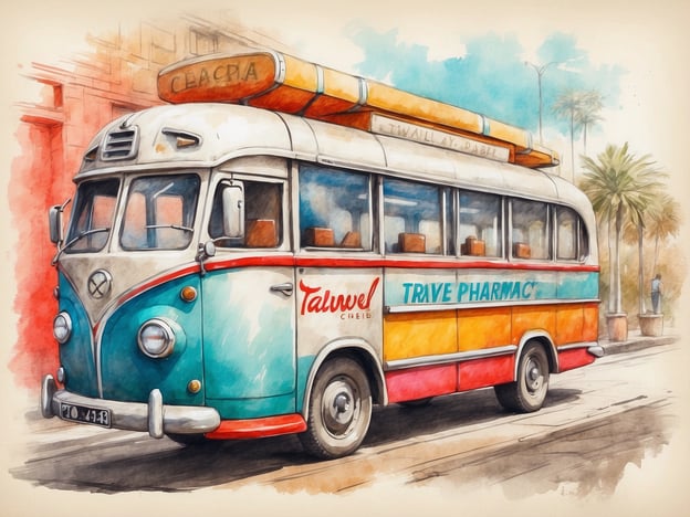 Ein farbenfroher alter Bus steht auf einer Stadtstraße. Der Bus ist in einem lebhaften Farbdesign mit blauem, orangefarbenem und weißem Farbton gehalten. Auf der Seite des Busses steht der Schriftzug "Trive Pharmacy". Im Hintergrund sind Palmen und eine typische Stadtarchitektur zu sehen, die eine tropische Atmosphäre schaffen. Die Szenerie vermittelt ein Gefühl von unbeschwertem Reisen in Kolumbien.