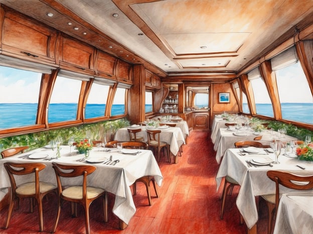 Auf dem Bild ist ein elegantes Restaurant zu sehen, das sich wahrscheinlich an Bord eines Schiffes befindet. Der Raum ist hell und freundlich gestaltet, mit großen Fenstern, die einen Blick auf das Meer bieten. Die Tische sind liebevoll eingedeckt, mit weißen Tischdecken und frischen Blumen in kleinen Vasen.Kulinarische Erlebnisse an Bord könnten hier ein luxuriöses Abendessen mit Meeresfrüchten, fangfrischem Fisch oder sogar regionalen Spezialitäten umfassen, begleitet von erlesenen Weinen. Die Atmosphäre ist entspannt und bietet eine perfekte Kulisse für ein unvergessliches Dining-Erlebnis mit Blick auf die Wellen.