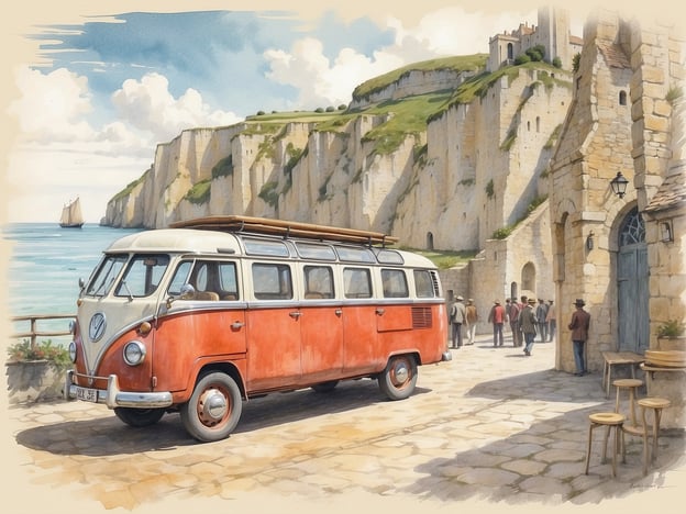 Auf dem Bild ist ein nostalgischer VW-Bus in einer malerischen Küstenlandschaft zu sehen. Die Kulisse zeigt die atemberaubenden Klippen der Normandieküste, die vom Ozean umspült werden. Im Hintergrund erkennt man Menschen, die die Umgebung erkunden, und eine historische Architektur, die den Charme der Region widerspiegelt.Kulturelle Ausflüge entlang der Normandieküste bieten die Möglichkeit, die beeindruckende Landschaft zu genießen, historische Stätten zu besuchen und die lokale Gastronomie zu entdecken. Die Region ist bekannt für ihre Geschichte, Sehenswürdigkeiten wie die Klosterinsel Mont-Saint-Michel und die berühmten Strände der Landung im Zweiten Weltkrieg.