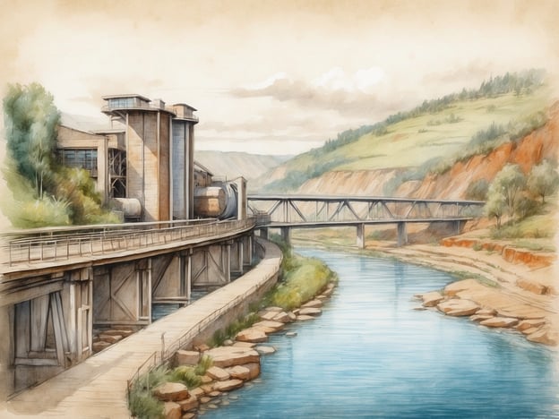 Auf dem Bild ist eine industrielle Struktur entlang eines Gewässers zu sehen, möglicherweise in der Nähe eines Kanals oder einer Wasserstraße. Diese Szenerie könnte in einem Zusammenhang mit dem Main-Donau-Kanal stehen, der eine wichtige Verbindung zwischen dem Main und der Donau herstellt und als bedeutendes Infrastrukturprojekt in Deutschland gilt.Die Geschichte des Main-Donau-Kanals reicht zurück in die Antike, als bereits Überlegungen für eine solche Wasserstraße bestanden. Der Bau des Kanals begann in den 1960er Jahren und wurde 1992 abgeschlossen. Der Kanal fördert nicht nur die Schifffahrt, sondern auch den Wirtschaftshaushalt der Region, indem er den direkten Zugang zu wichtigen Handelsrouten erleichtert.Die industrielle Architektur und die umgebende Natur in dem Bild könnten also eine Hommage an die wirtschaftlichen und technischen Errungenschaften darstellen, die durch den Bau des Kanals ermöglicht wurden.