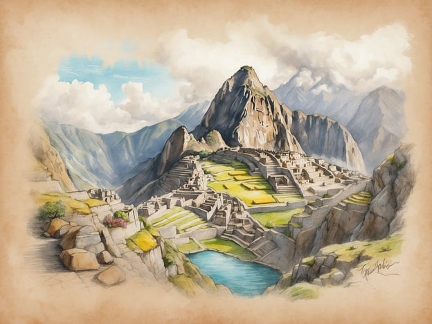 Eine malerische Darstellung von Machu Picchu, umgeben von majestätischen Bergen und einem klaren Himmel mit vereinzelten Wolken. Die alten Inka-Ruinen sind detailliert gezeichnet, mit terrassierten Feldern und einem ruhigen, blauen Gewässer im Vordergrund. Der Blick reicht über die spektakuläre Landschaft, die die beeindruckende Architektur und natürliche Schönheit der Region zeigt. Diese Ansicht ist ideal für Reisende, die sich auf die Spuren der Inka begeben möchten und dabei Wert auf Gesundheit und Wohlbefinden legen.