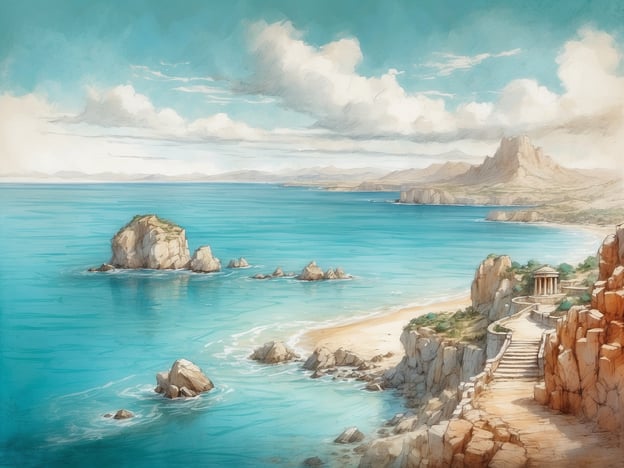 Auf dem Bild ist eine malerische Küstenlandschaft zu sehen, die ein ruhiges, klares blaues Wasser, einige Felsen im Wasser und eine sanfte Strandszene zeigt. Im Hintergrund erheben sich sanfte Hügel oder Berge, und eine Treppe führt zu einem kleinen Bauwerk, das wie ein Tempel aussieht. Diese Szenerie könnte symbolisch für die Mythen und Legenden rund um das Schwarze Meer stehen, wo in der Antike zahlreiche Handelsrouten und kulturelle Begegnungen stattfanden."Die Geschichte des Schwarzen Meeres" erzählt von diesen Wechselwirkungen zwischen verschiedenen Zivilisationen und ihren Legenden, die sich oft mit der Natur und den Gewässern dieser Region verbinden.