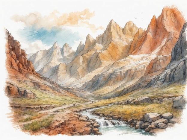 Auf dem Bild ist eine malerische Berglandschaft zu sehen. Es gibt hohe, majestätische Berge mit schroffen Felsen und teilweise schneebedeckten Gipfeln. Im Vordergrund verläuft ein schmaler Weg, der von bunten Wiesen gesäumt ist, und ein kleiner Bach fließt durch die Szene.Aktivitäten, die man in dieser Umgebung unternehmen könnte, sind Wandern und Trekking entlang des Weges, um die atemberaubende Natur zu erkunden. Zudem könnte man Picknicks veranstalten oder einfach die Ruhe und Schönheit der Landschaft genießen. Ein weiteres schönes Erlebnis wäre das Fotografieren der beeindruckenden Ausblicke oder das Beobachten von Vögeln in der Umgebung.