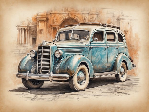 Auf dem Bild ist ein klassisches Auto zu sehen, das in einer malerischen Umgebung dargestellt ist. Diese Art von Fahrzeug spiegelt nicht nur die Automobilgeschichte des 20. Jahrhunderts wider, sondern auch die kulturellen Einflüsse jener Zeit. Die Ausstrahlung des Autos lässt Geschichten von Reisen und Abenteuern lebendig werden, die Menschen miteinander verbunden haben.An solchen Fahrzeugen können wir die Entwicklung der Technik und das Design bewundern, das oft von den Trends und dem Lebensstil der damaligen Zeit geprägt wurde. Jedes Detail kann uns etwas über die Geschichte und die kulturellen Werte der Vergangenheit erzählen. Der Ort im Hintergrund, möglicherweise ein historisches Bauwerk, lädt dazu ein, die kulturellen Schätze zu erkunden, die Städte und Länder prägen.