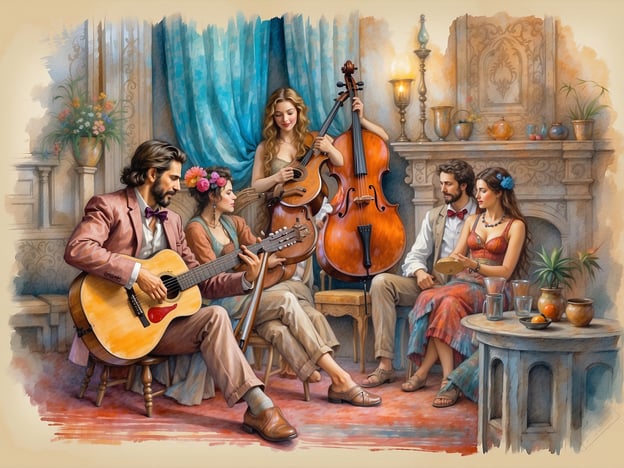 Auf dem Bild sind fünf Musiker zu sehen, die in einer liebevoll gestalteten Umgebung miteinander musizieren. Sie spielen verschiedene Instrumente, darunter eine Gitarre, eine Geige und ein Cello, und schaffen eine harmonische, festliche Atmosphäre.Kulturell erinnert die Szenerie an traditionelle böhmische Melodien, die oft in geselligen Runden dargeboten werden und tief in der Mitteleuropäischen Folklore verankert sind. Die Anordnung und die Details der Kleider der Musiker reflektieren ein Gefühl von Nostalgie und Gemeinschaft, das typisch für die böhmischen Feste ist, wo Musik und Gesang eine zentrale Rolle spielen.Die sanften Farben und die warmen Töne des Raumes schaffen eine einladende Stimmung, die den Betrachter in die gemütliche und kreative Welt des musizierens hineinzieht.