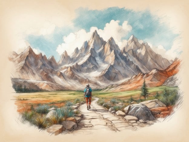 Auf dem Bild ist eine person zu sehen, die einen Wanderweg in einer bergigen Landschaft entlanggeht. Die Szene zeigt majestätische Berge im Hintergrund und eine abwechslungsreiche Flora im Vordergrund.Diese Art von Umgebung eignet sich hervorragend für unterschiedliche Freizeitgestaltungen während einer Kreuzfahrt. Beispielsweise können Reisende:1. **Wanderungen** unternehmen, um die Natur hautnah zu erleben.2. **Fotografie** im Freien betreiben, um die atemberaubenden Landschaften festzuhalten.3. **Picknicks** in malerischen Gegenden genießen und die Aussicht bewundern.4. **Geführte Touren** buchen, um mehr über die Flora und Fauna der Region zu lernen.5. **Outdoor-Aktivitäten** wie Birdwatching oder botanische Exkursionen machen, um die Tier- und Pflanzenwelt näher kennenzulernen.Solche Erlebnisse bereichern die Kreuzfahrt und ermöglichen es den Passagieren, die natürliche Schönheit und Vielfalt der besuchten Orte zu entdecken.