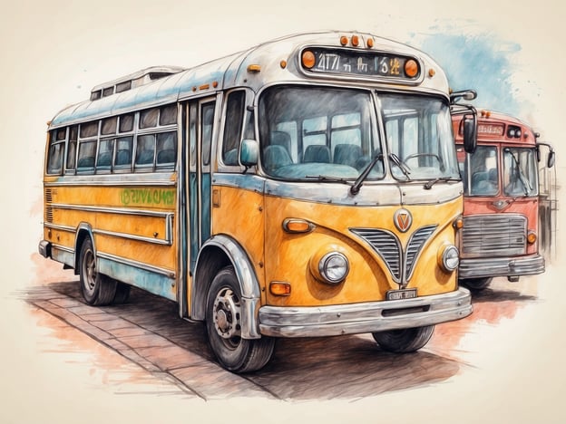 Ein leuchtend gelber Oldtimer-Reisebus steht auf einer gepflasterten Straße, während im Hintergrund ein roter Bus zu sehen ist. Der gelbe Bus hat große Fenster und ein charakteristisches Design der 1950er Jahre, welches Abenteuer und Nostalgie ausstrahlt. Die Szene vermittelt das Gefühl einer entspannten Reise auf vier Rädern, ideal für Busreisen in malerischen Landschaften. Die künstlerische Darstellung verstärkt die charmante Atmosphäre des Reisens mit dem Bus.