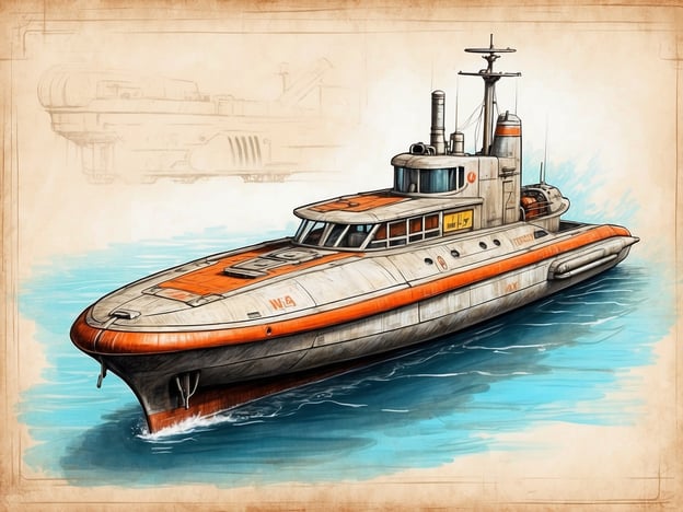 Auf dem Bild ist ein futuristisch anmutendes Wasserfahrzeug zu sehen, das wie ein submarines Fahrzeug oder ein modernes Forschungsboot aussieht. Es hat eine stromlinienförmige Form und eine charakteristische Farbgebung mit orangefarbenen und grauen Elementen.In einem Museum könnten interaktive Erlebnisse zu einem solchen Fahrzeug Besuchern ermöglichen, mehr über die Technologie und Funktionsweisen von Unterwasserfahrzeugen zu lernen. Beispielsweise könnten digitale Simulationen angeboten werden, die es den Besuchern erlauben, virtuell in die Tiefen des Ozeans einzutauchen, oder interaktive Bildschirme, die Informationen über historische und moderne Modelle von U-Booten und ihren Einsätzen bereitstellen.