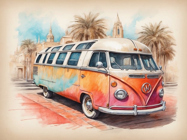 Auf dem Bild ist ein farbenfroher VW-Bus zu sehen, der in einem sommerlichen Umfeld steht. Im Hintergrund sind Palmen und möglicherweise eine historische Architektur zu erkennen, was auf ein angenehmes Urlaubsziel hindeutet.### Praktische Tipps und Empfehlungen:1. **Foto-Spot finden**: Solche Szenen eignen sich hervorragend für Fotos. Achte darauf, den Bus mit interessanter Architektur oder Natur im Hintergrund zu kombinieren.2. **Wanderungen planen**: Wenn du in einer ähnlichen Umgebung bist, plane einen Spaziergang oder eine Radtour, um die Sehenswürdigkeiten in der Nähe besser zu erkunden.3. **Farbakzente nutzen**: Die lebhaften Farben des Busses geben eine fröhliche Stimmung vor. Denke darüber nach, solche Farben in deinen eigenen Reisen oder Fotografien zu verwenden.4. **Historisches erkunden**: Wenn du in der Nähe von historischen Städten bist, plane Besuche in Museen oder alten Gebäuden, um mehr über die lokale Geschichte zu lernen.5. **Zusätzliche Ausrüstung**: Wenn du Fotos machst, nimm verschiedene Objektive mit, um unterschiedliche Perspektiven und Details festzuhalten. Ein Weitwinkelobjektiv könnte hier besonders nützlich sein.6. **Inspiration sammeln**: Lass dich von solchen Bildern inspirieren, um deine eigenen Abenteuer zu dokumentieren, sei es durch Zeichnungen, Fotos oder Reisenotizen.Viel Spaß beim Erkunden!