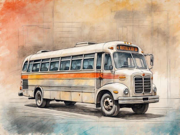 Ein historischer Bus mit einem charakteristischen Design steht auf einer Straße. Der Bus hat eine weiße Farbgebung mit orangefarbenen und grauen Streifen. Die Fenster sind groß und bieten einen klaren Blick nach innen. Der Bus hat runde Scheinwerfer und eine typische vorne angeordnete Kabine. Im Hintergrund ist ein sanfter Farbverlauf in warmen Tönen zu sehen, der dem Bild einen nostalgischen Touch verleiht. Der gesamte Eindruck vermittelt eine ruhige und einladende Atmosphäre, die an alte Reisen erinnert.