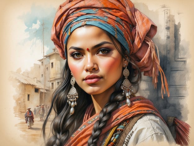 Auf dem Bild ist eine Frau zu sehen, die traditionelle Kleidung trägt und mit verschiedenen Accessoires geschmückt ist. Ihr Aussehen spiegelt eine reiche kulturelle Identität wider, die oft mit bestimmten Regionen verbunden ist. Die bunte Kopfbedeckung und die großen Ohrringe sind typische Merkmale vieler indischer oder südasiatischer Kulturen.Im Hintergrund sind veraltete, einfache Häuser zu erkennen, die auf ein traditionelles Dorfleben deuten. Solche Szenen sind oft mit lokalen Festen, Märkten oder alltäglichen Begegnungen in Verbindung gebracht, wo Menschen in typischer Tracht ihre Traditionen und Bräuche pflegen. Die Ausdrücke und Gesten der Menschen in solch kulturellen Kontexten sind häufig von gemeinschaftlichem Zusammenhalt, Respekt und einer tiefen Verwurzelung in der Tradition geprägt.