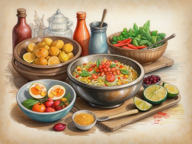 Auf dem Bild sind verschiedene Gerichte und Zutaten zu sehen, die typisch für die kulinarische Vielfalt entlang des Irrawaddy sind. Im Vordergrund gibt es eine große Schüssel mit einem bunten Salat, der vermutlich frische Gemüse, Kräuter und vielleicht auch etwas Frucht enthält. Daneben sind verschiedene Schalen mit Zitrusfrüchten, Tomaten und anderen frischen Zutaten angeordnet.Zusätzlich sind Flaschen und Behälter mit möglicherweise würzigen Saucen oder Ölen vorhanden, die für die Zubereitung oder Verfeinerung von Gerichten verwendet werden könnten. Solche Kombinationen sind in der burmesischen Küche sehr beliebt und spiegeln den Einfluss von verschiedenen Kulturen und regionalen Zutaten wider. Die Farben und Frische der Zutaten verleihen dem Bild eine einladende und appetitliche Ausstrahlung.