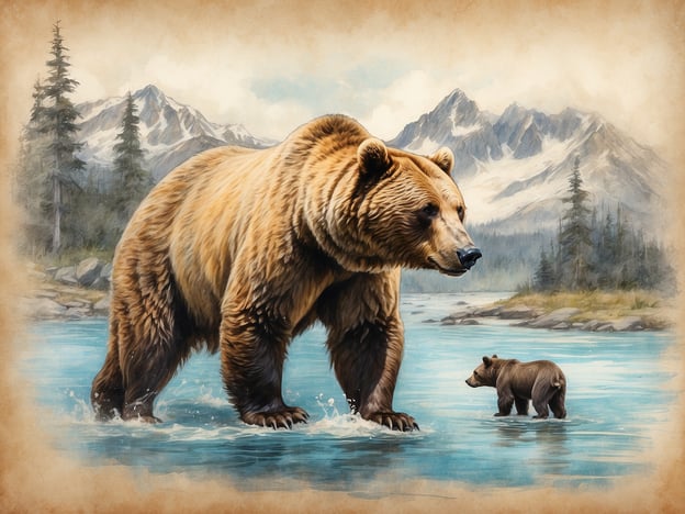 Auf dem Bild sind ein großer Grizzlybär und ein kleiner Bär zu sehen, die in einem klaren Gewässer stehen, umgeben von einer majestätischen Berglandschaft. Solche Begegnungen mit Bären in Alaska sind sowohl eindrucksvoll als auch faszinierend.In den fließenden Gewässern suchen Bären oft nach Lachsen, die in dieser Region zahlreich sind. Diese Szenen zeigen die starke Bindung zwischen Mutter und Jungtier, während sie gemeinsam die Umgebung erkunden. Es ist nicht ungewöhnlich, diesen Anblick in Nationalparks wie dem Katmai National Park zu erleben, wo Bären in ihrer natürlichen Umgebung beobachtet werden können. Diese Momente sind prägend für jeden, der die Natur und Tierwelt hautnah erleben möchte.