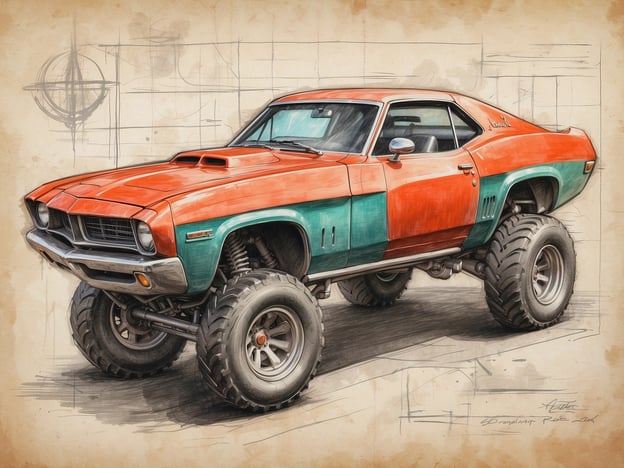 Auf dem Bild ist ein farbenfroher, umgebauter Oldtimer zu sehen, wahrscheinlich ein muscle car, das auf großen, offroad-tauglichen Reifen montiert ist. Die vordere Karosserie ist in Orange und Türkis lackiert, während der Hintergrund technische Zeichnungen oder Skizzen zeigt.Wenn du mir genauere Fragen oder Aspekte zu dem Bild stellen möchtest, lasse es mich wissen!