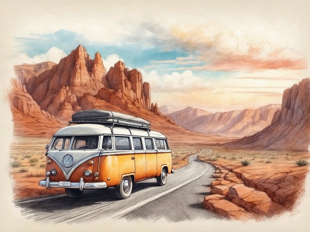 Auf dem Bild ist ein nostalgischer Volkswagen Bus zu sehen, der auf einer kurvenreichen Straße in einer beeindruckenden Wüstenlandschaft fährt. Die Umgebung ist geprägt von roten Felsen und majestätischen Bergen, die zur Kulisse eines unvergesslichen Roadtrips einladen.**Reiseroute und Highlights:**1. **Route 66**: Diese ikonische Straße könnte Teil der Reise sein, die von Chicago nach Santa Monica führt und durch einige der schönsten Landschaften der USA verläuft.2. **Monument Valley**: Die charakteristischen roten Felsen erinnern an diesen Ort, der für seine atemberaubenden Aussichten und seine kulturelle Bedeutung bekannt ist.3. **Grand Canyon**: Ein Abstecher zum Grand Canyon wäre ebenfalls empfehlenswert, um die überwältigende Naturgewalt der Schlucht zu erleben.4. **Zion Nationalpark**: Auf dem Weg könnte auch ein Besuch im Zion-Nationalpark geplant werden, bekannt für seine spektakulären Felsformationen und Wanderwege.Dieser Roadtrip verspricht Abenteuer und unvergessliche Erlebnisse in einer einzigartigen Landschaft!